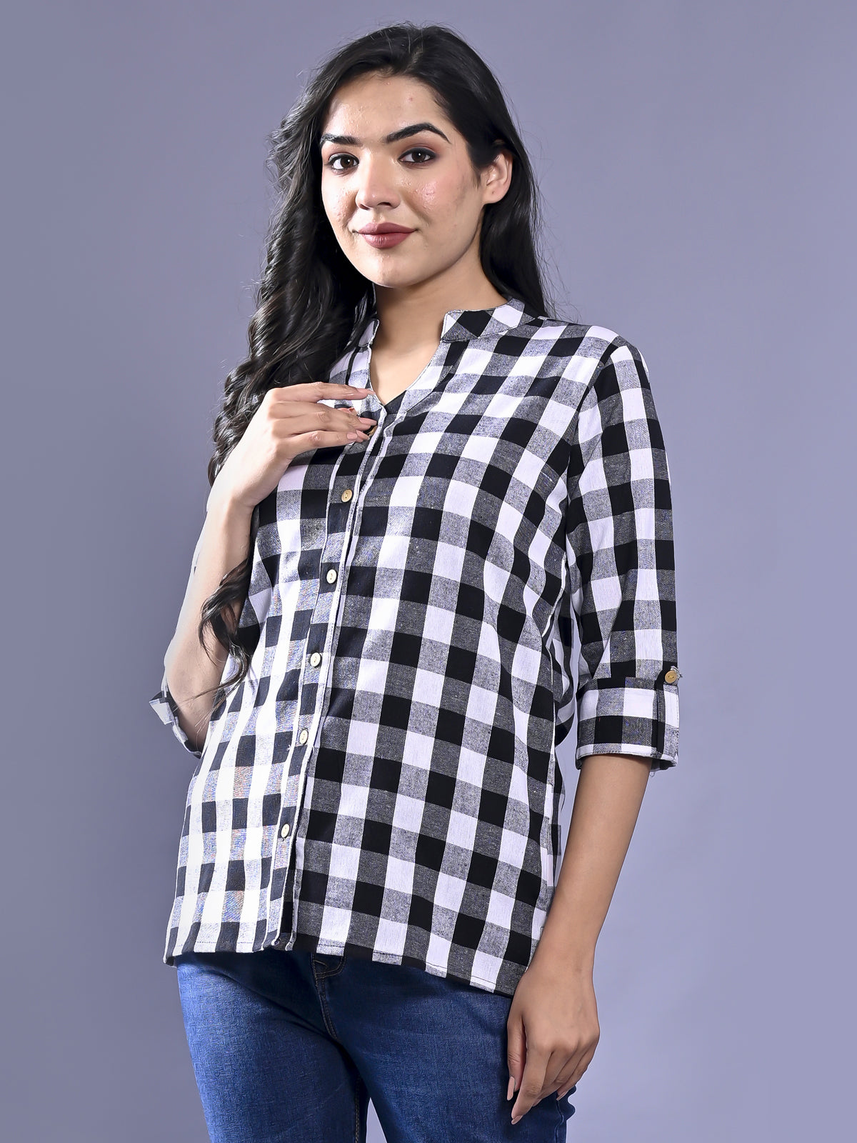 Women Regular Fit Black Checkered Mandarin Collar Casual Shirt