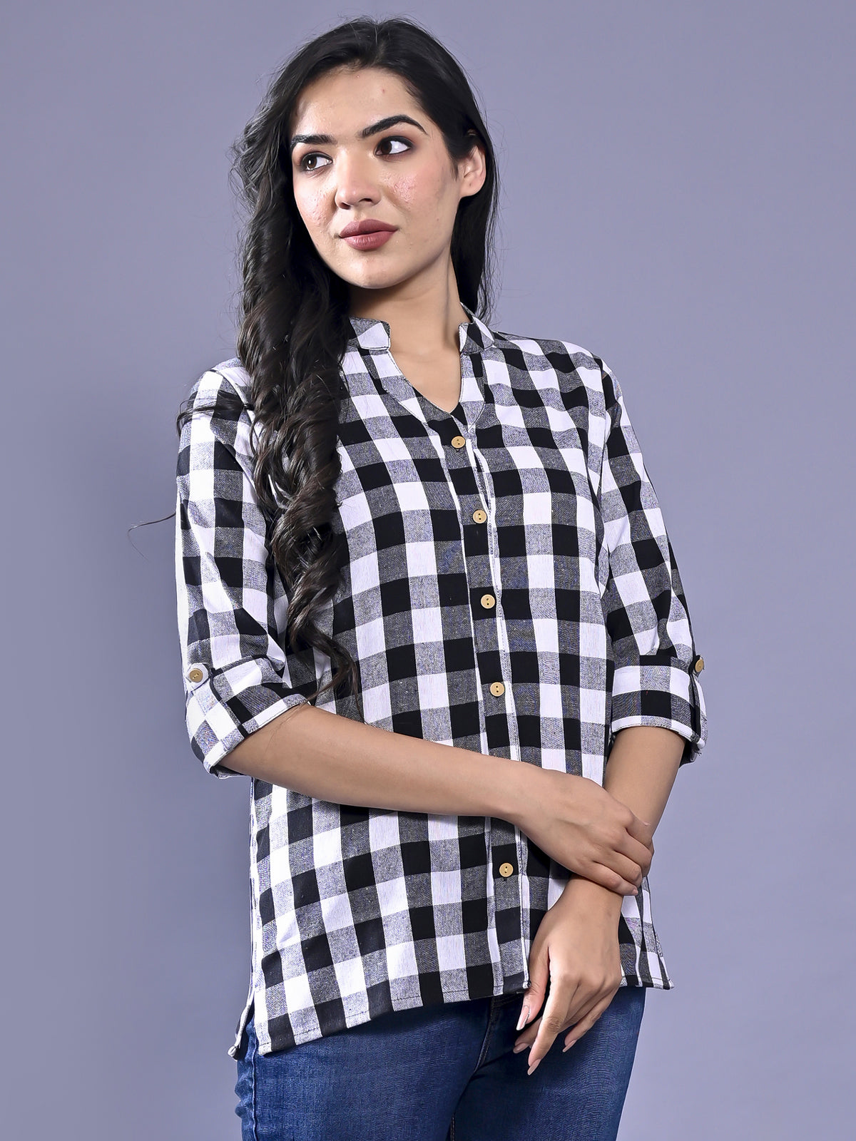 Women Regular Fit Black Checkered Mandarin Collar Casual Shirt