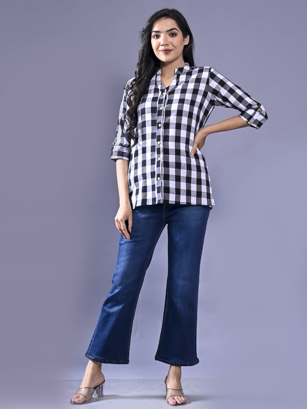 Women Regular Fit Black Checkered Mandarin Collar Casual Shirt