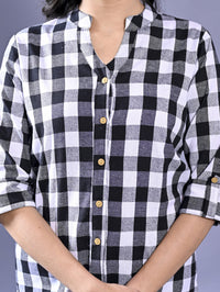 Women Regular Fit Black Checkered Mandarin Collar Casual Shirt