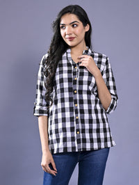 Women Regular Fit Black Checkered Mandarin Collar Casual Shirt