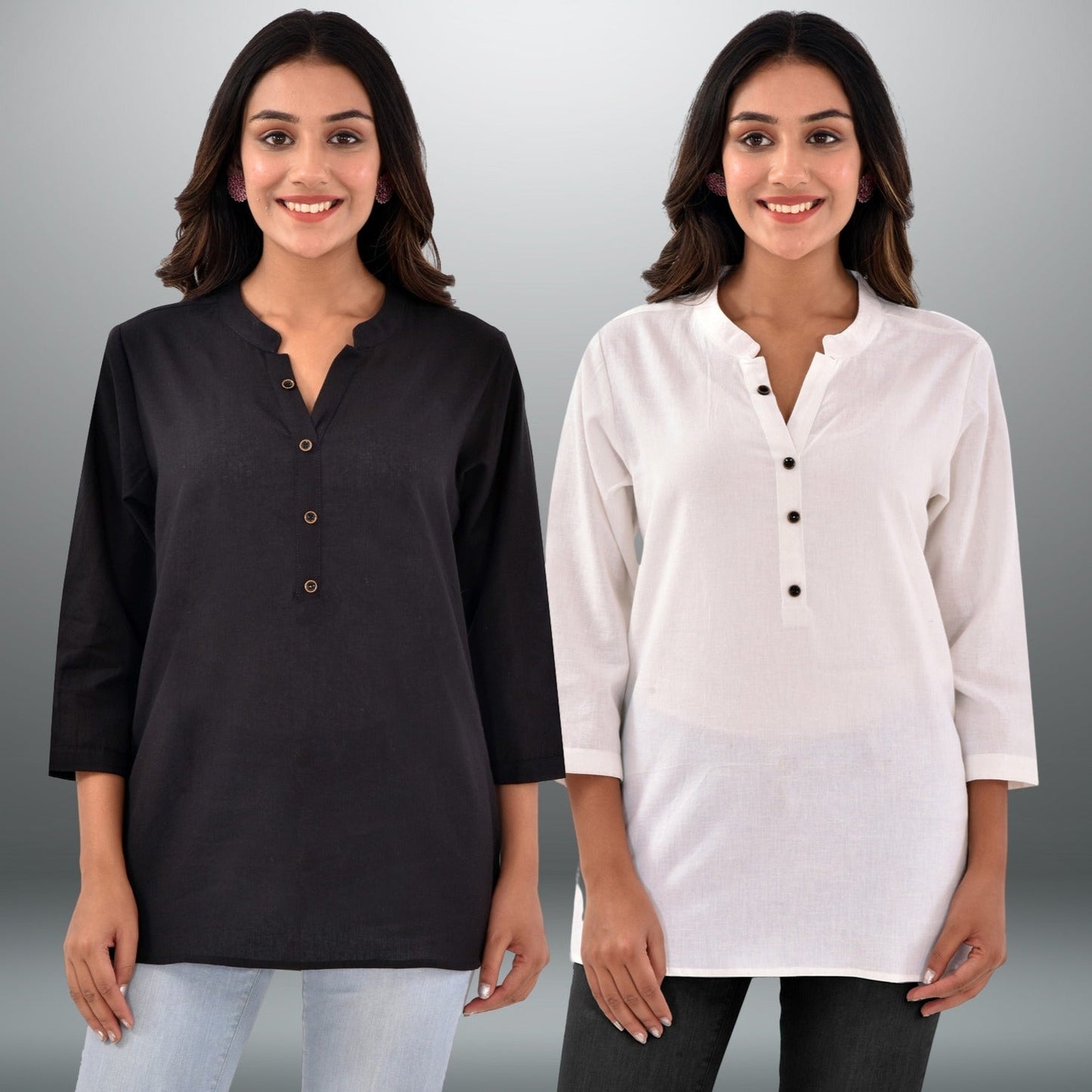 Pack Of 2 Womens Regular Fit Black And White Three Fourth Sleeve Cotton Tops Combo