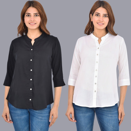 Pack Of 2 Womens Solid Black and White Rayon Chinese Collar Shirts Combo