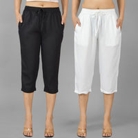 Pack Of 2 Womens Black And White Calf Length Rayon Culottes Trouser Combo