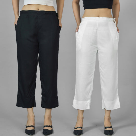 Pack Of 2 Womens Black And White Ankle Length Rayon Culottes Trouser Combo