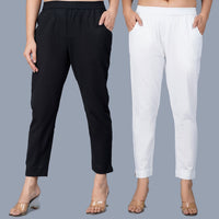 Pack Of 2 Womens Regular Fit Black And White Fully Elastic Waistband Cotton Trouser