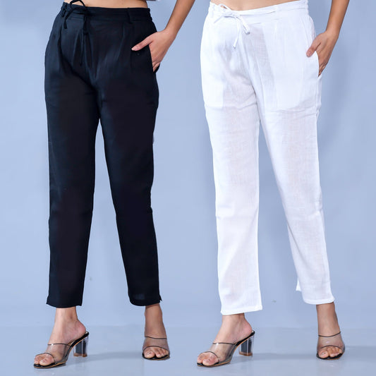 Pack Of 2 Womens Regular Fit Black And White Cotton Slub Belt Pant Combo