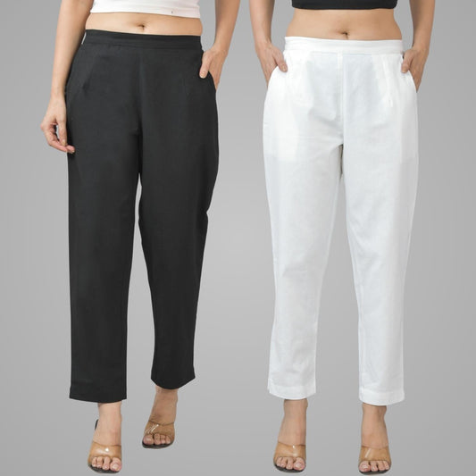 Pack Of 2 Womens Half Elastic Black And White Deep Pocket Cotton Pants