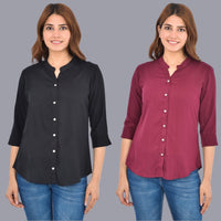 Pack Of 2 Womens Solid Black and Wine Rayon Chinese Collar Shirts Combo