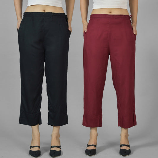 Pack Of 2 Womens Black And Wine Ankle Length Rayon Culottes Trouser Combo