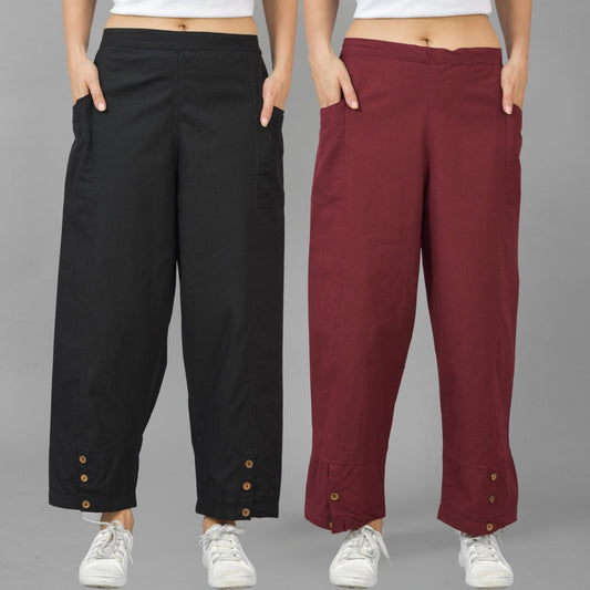 Combo Pack Of Womens Black And Wine Side Pocket Straight Cargo Pants