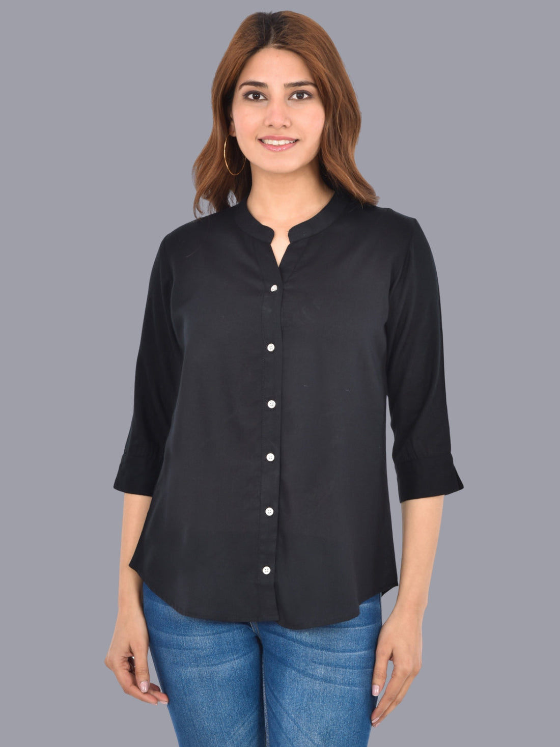 Pack Of 2 Womens Solid Black and Dark Blue Rayon Chinese Collar Shirts Combo