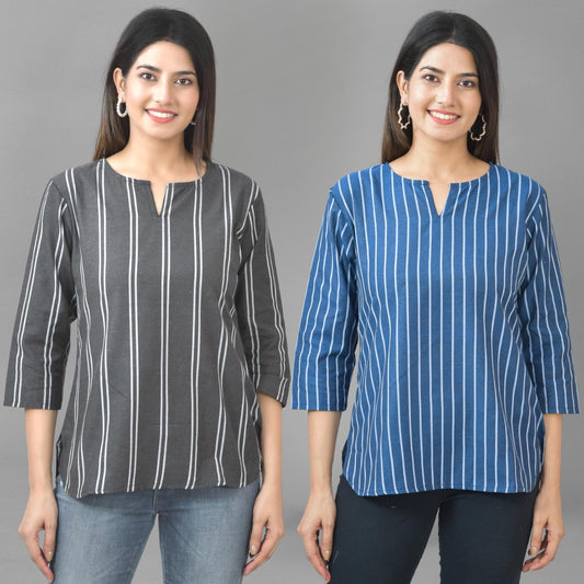 Pack Of 2 Black And Blue Dark Striped Cotton Womens Top Combo