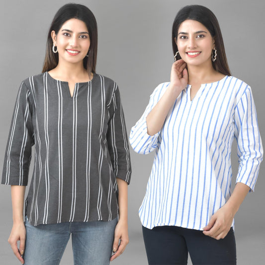 Pack Of 2 Black And Blue Striped Cotton Womens Top Combo