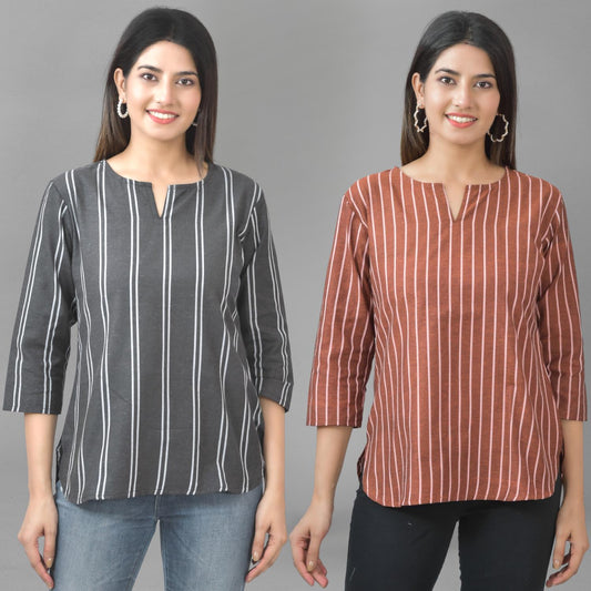 Pack Of 2 Black And Brown Dark Striped Cotton Womens Top Combo