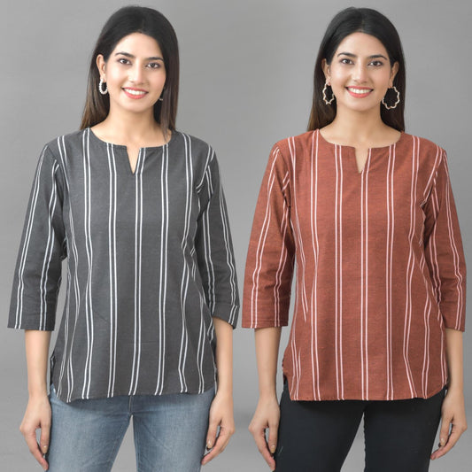 Pack Of 2 Black And Brown Striped Cotton Womens Top Combo