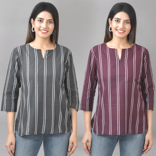 Pack Of 2 Black And Coffee Dark Striped Cotton Womens Top Combo