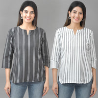 Pack Of 2 Black And Grey Striped Cotton Womens Top Combo
