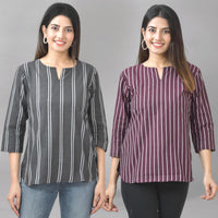 Pack Of 2 Black And Maroon Striped Cotton Womens Top Combo