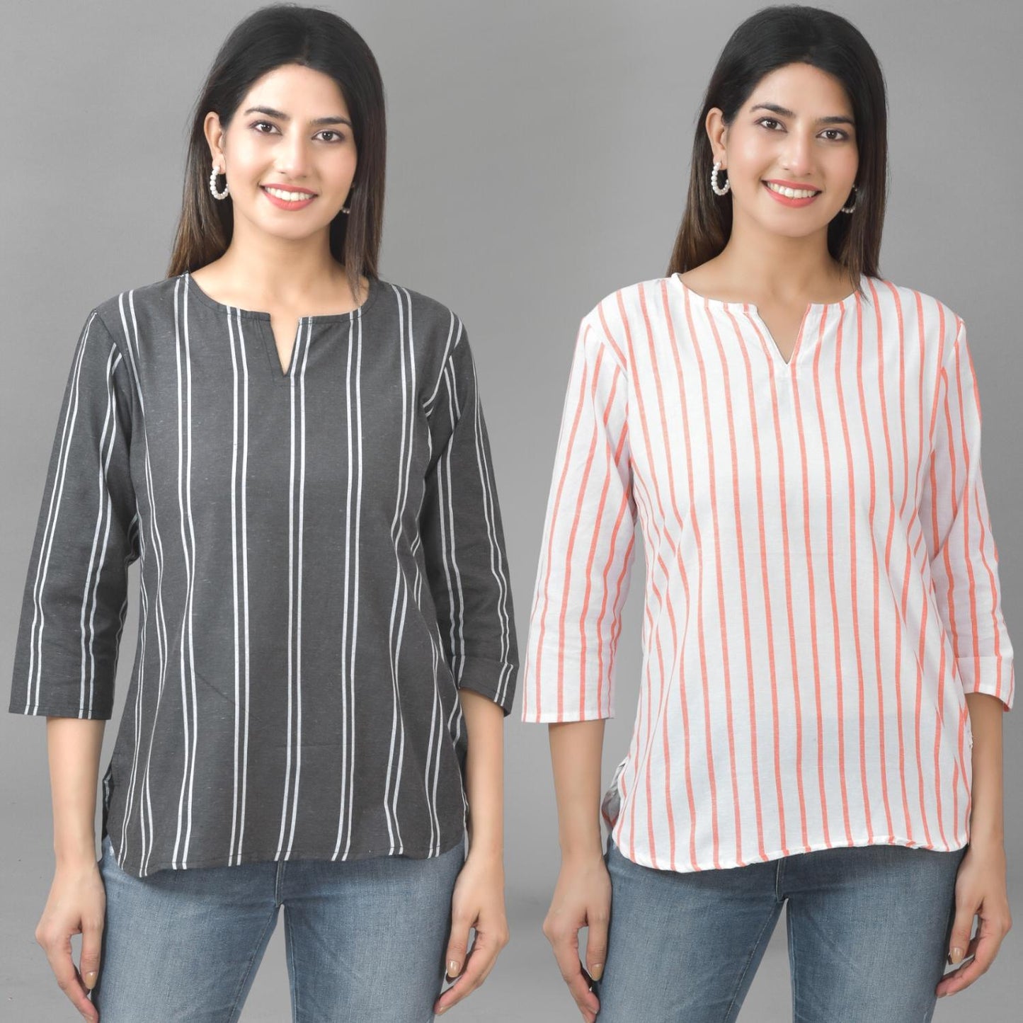 Pack Of 2 Black And Orange Striped Cotton Womens Top Combo