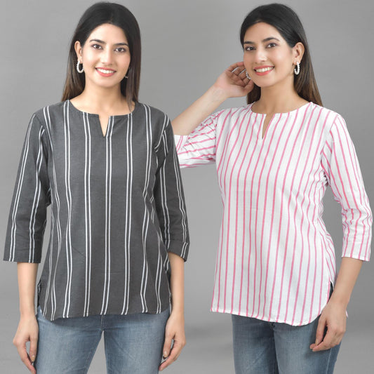 Pack Of 2 Black And Pink Striped Cotton Womens Top Combo