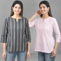 Pack Of 2 Black And Pink Striped Cotton Womens Top Combo