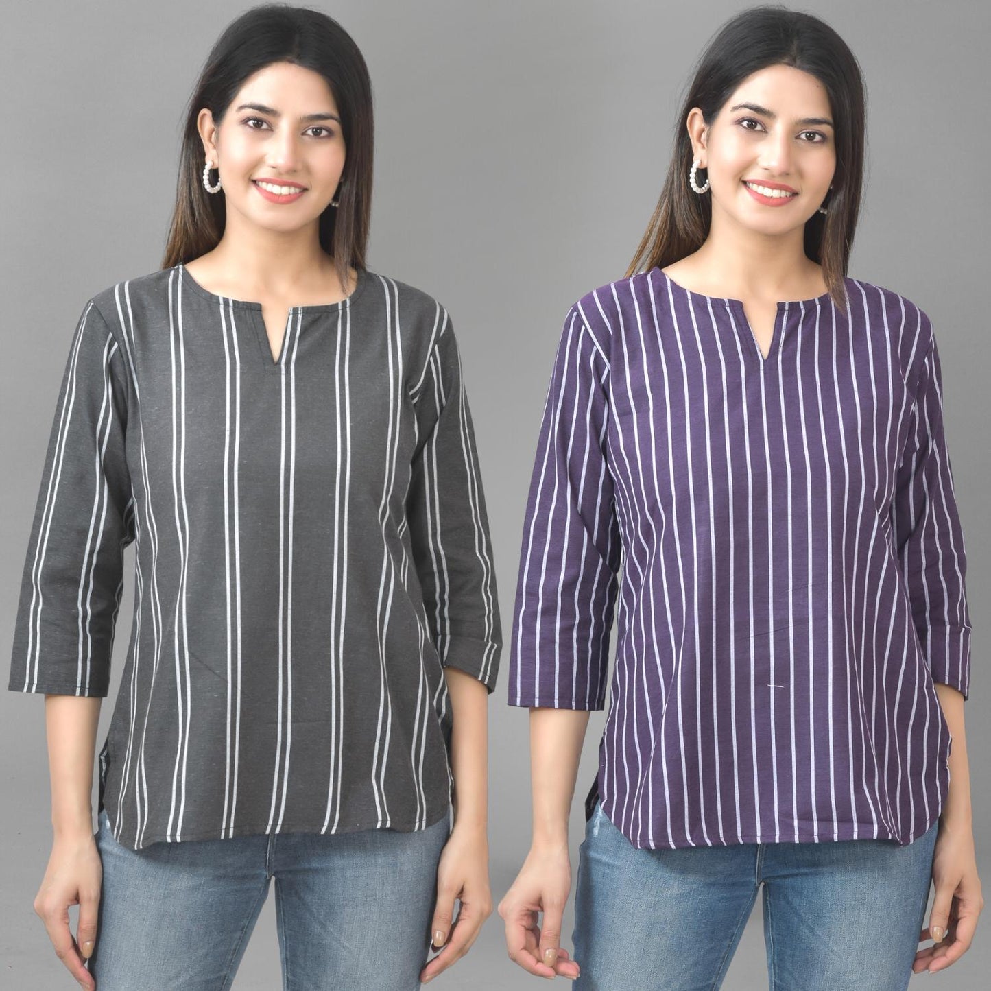 Pack Of 2 Black And Purple Dark Striped Cotton Womens Top Combo