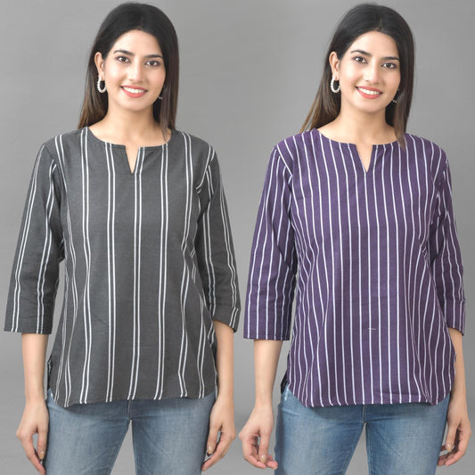 Pack Of 2 Black And Purple Dark Striped Cotton Womens Top Combo