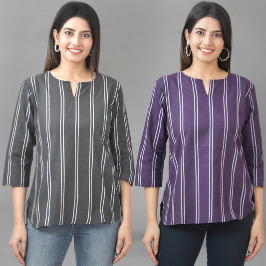 Pack Of 2 Black And Purple Striped Cotton Womens Top Combo