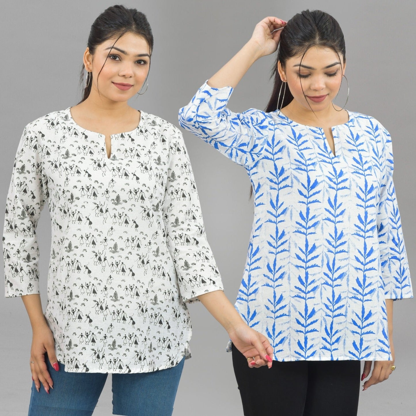 Pack Of 2 Womens Regular Fit Black Vector And Blue Leaf Printed Tops Combo