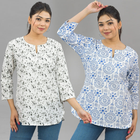 Pack Of 2 Womens Regular Fit Black Vector And Blur Tribal Printed Tops Combo