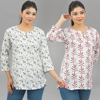 Pack Of 2 Womens Regular Fit Black Vector And Maroon Leaf Printed Tops Combo