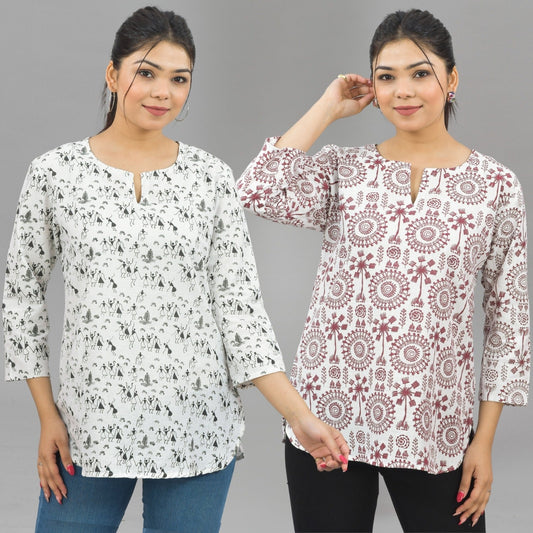 Pack Of 2 Womens Regular Fit Black Vector And Maroon Tribal Printed Tops Combo