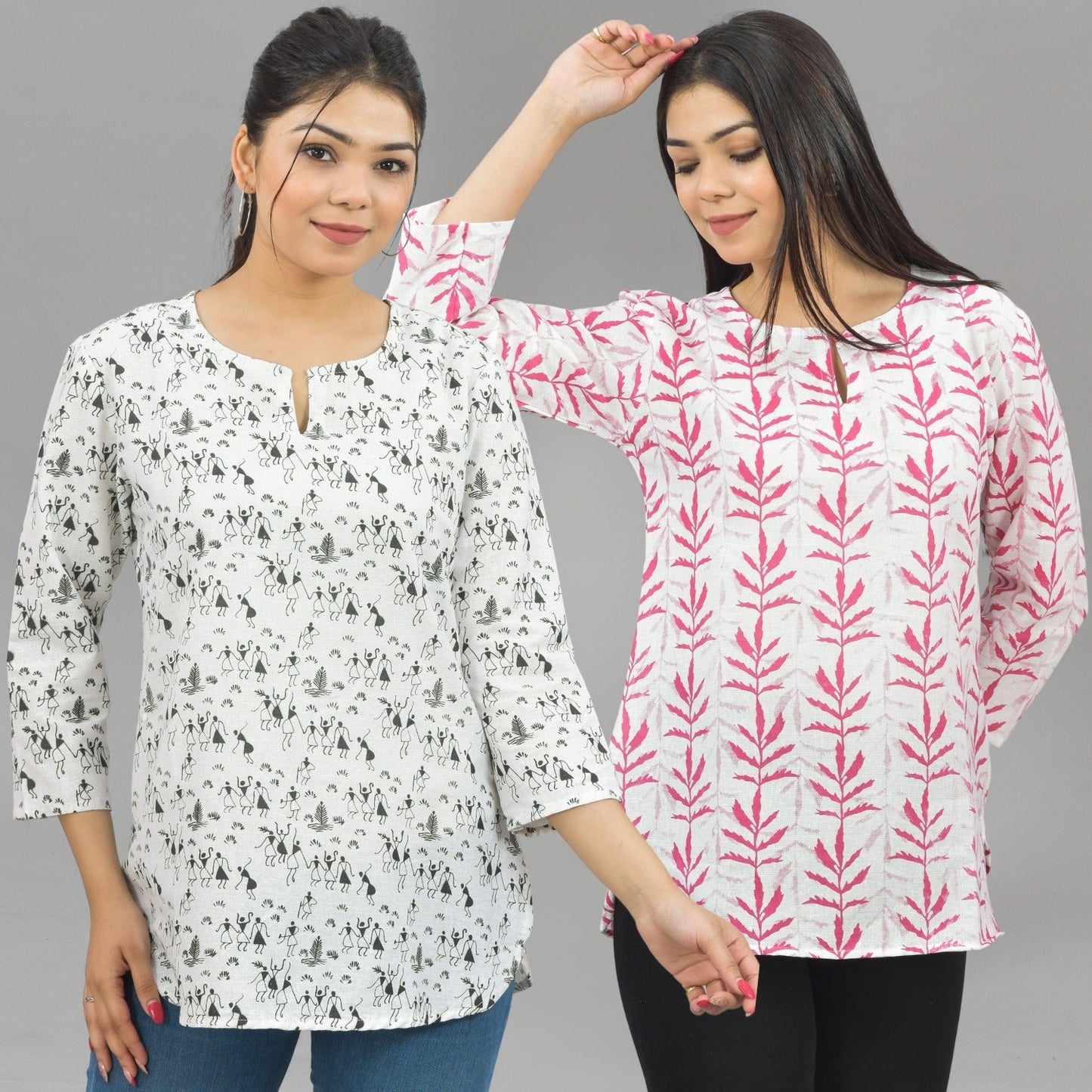 Pack Of 2 Womens Regular Fit Black Vector And Pink Leaf Printed Tops Combo