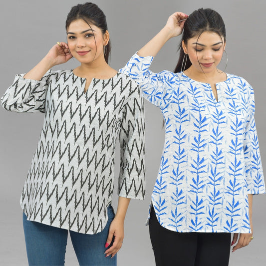 Pack Of 2 Womens Regular Fit Black Zig Zag And Blue Leaf Printed Tops Combo