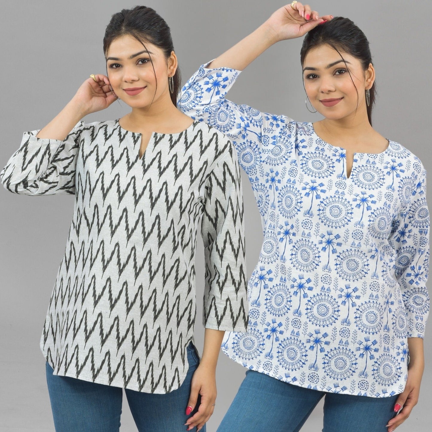 Pack Of 2 Womens Regular Fit Black Zig Zag And Blue Tribal Printed Tops Combo