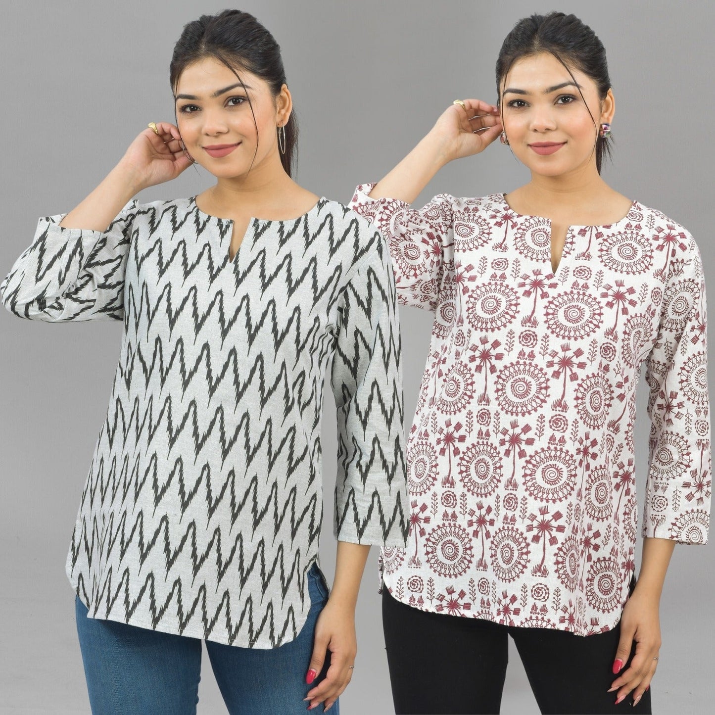 Pack Of 2 Womens Regular Fit Black Zig Zag And Maroon Tribal Printed Tops Combo