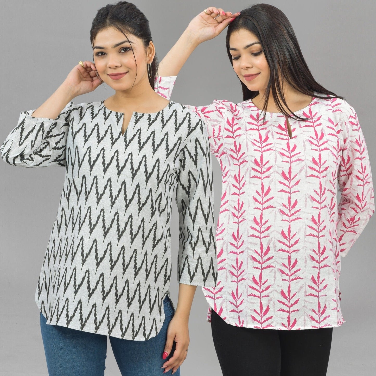 Pack Of 2 Womens Regular Fit Black Zig Zag And Pink Leaf Printed Tops Combo