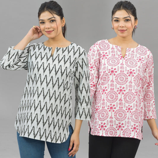 Pack Of 2 Womens Regular Fit Black Zig Zag And Pink Tribal Printed Tops Combo