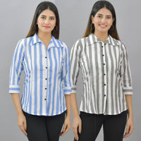 Pack Of 2 Womens Blue And Coffee Spread Collar Striped Shirt Combo