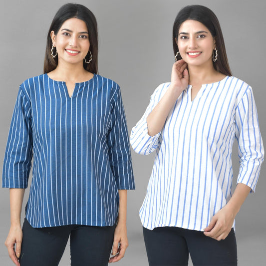 Pack Of 2 Dark Blue And Blue Dark Striped Cotton Womens Top Combo