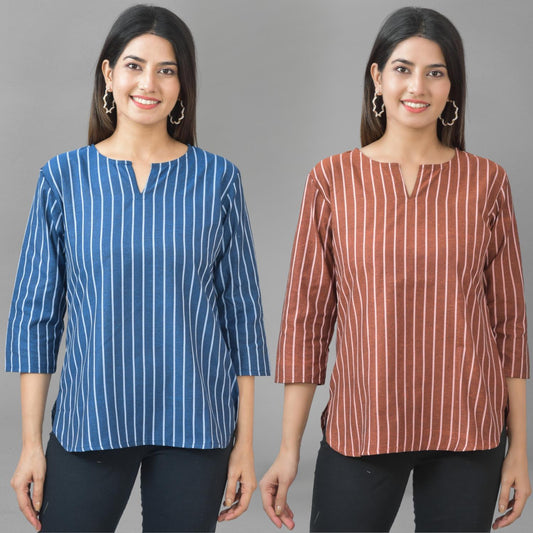 Pack Of 2 Dark Blue And Dark Brown Dark Striped Cotton Womens Top Combo