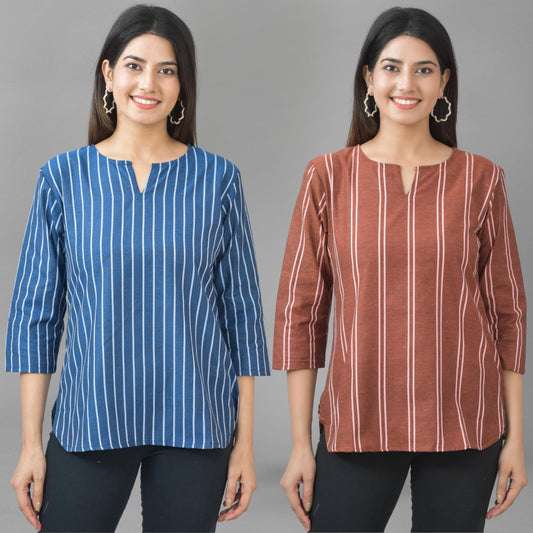 Pack Of 2 Dark Blue And Brown Striped Cotton Womens Top Combo