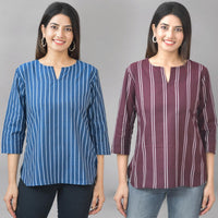 Pack Of 2 Dark Blue And Dark Coffee Striped Cotton Womens Top Combo