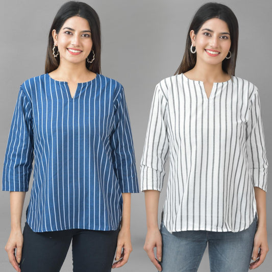 Pack Of 2 Dark Blue And Grey Striped Cotton Womens Top Combo