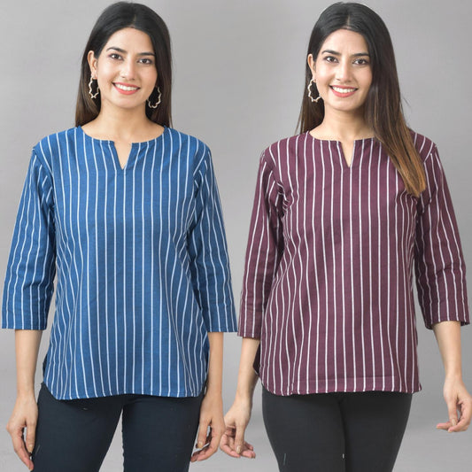 Pack Of 2 Dark Blue And Maroon Striped Cotton Womens Top Combo