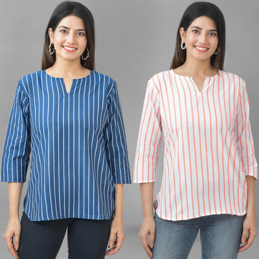 Pack Of 2 Dark Blue And Orange Striped Cotton Womens Top Combo