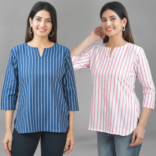 Pack Of 2 Dark Blue And Pink Striped Cotton Womens Top Combo