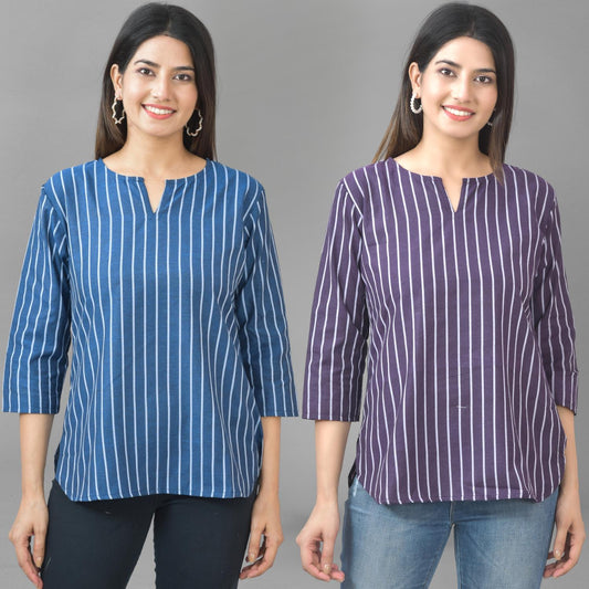 Pack Of 2 Dark Blue And Dark Purple Striped Cotton Womens Top Combo