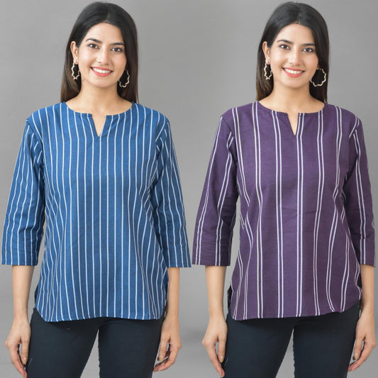 Pack Of 2 Dark Blue And Purple Striped Cotton Womens Top Combo